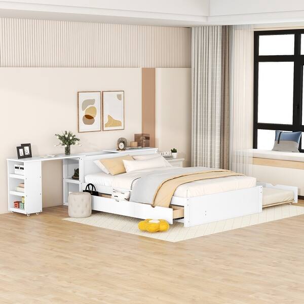 slide 2 of 11, Full Size Platform Bed With A Rolling Shelf, Wooden Bed with Trundle, Multifunctional Bed with 3 Storage Drawers, White White