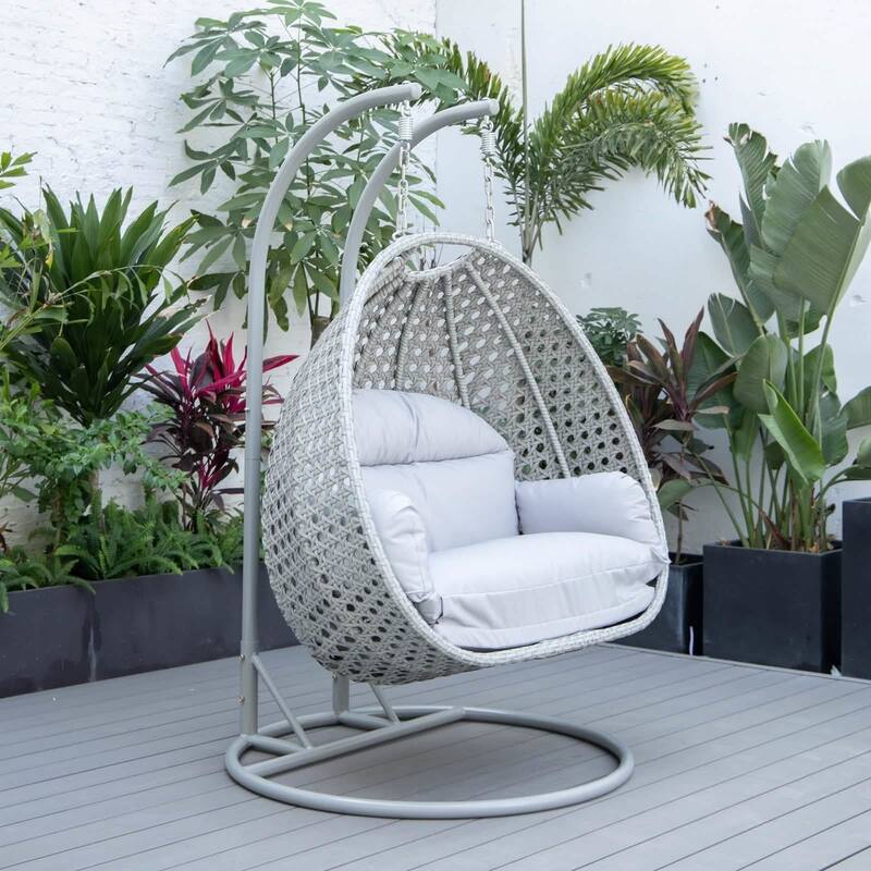 Mendoza 2-Person Hanging Egg Swing Chair with Iron Metal Stand Handcrafter Grey Wicker Hammocks for Outdoor Patio or Indoor Use