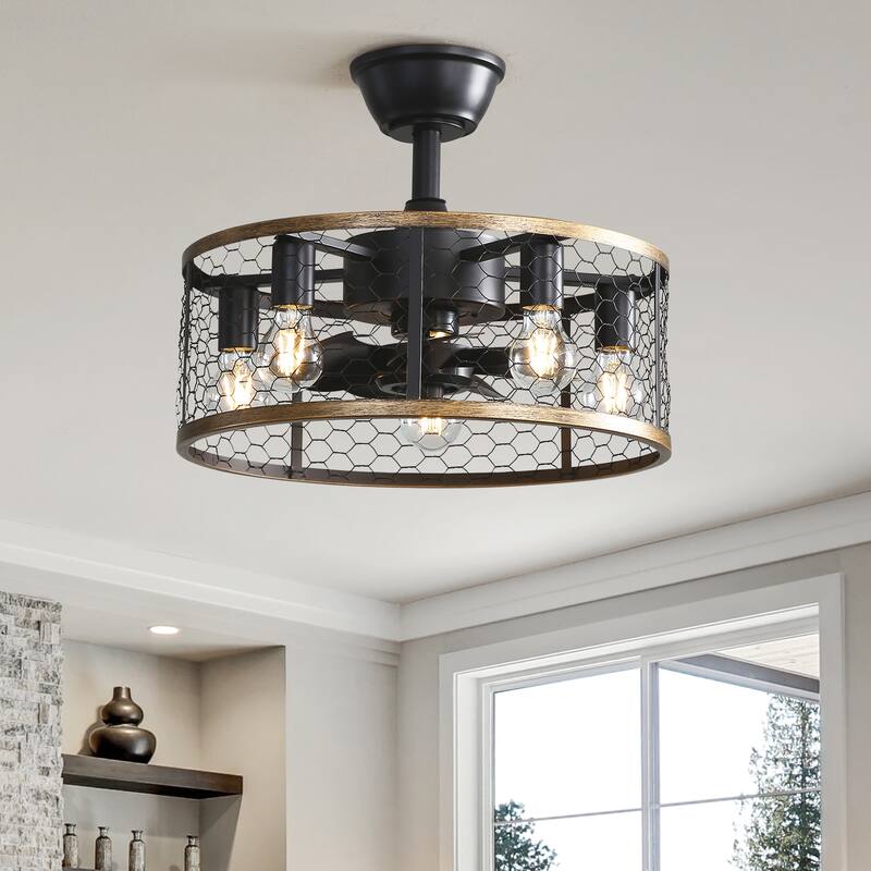 20 Inch Farmhouse Ceiling Fan Light Flush Mount Caged Lights Kit With Remote Control - Downrod Ceiling