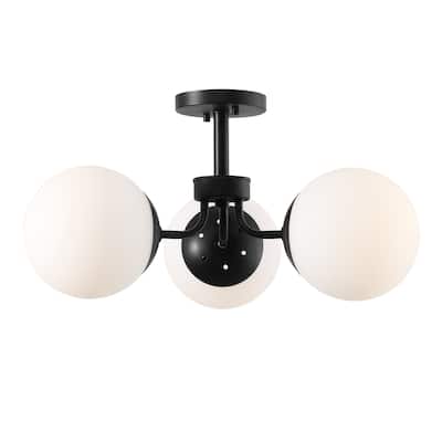 Ojai 23.5" 3-Light Bohemian Farmhouse Iron/Frosted Glass LED Semi Flush Mount, Brass Gold/White by JONATHAN Y