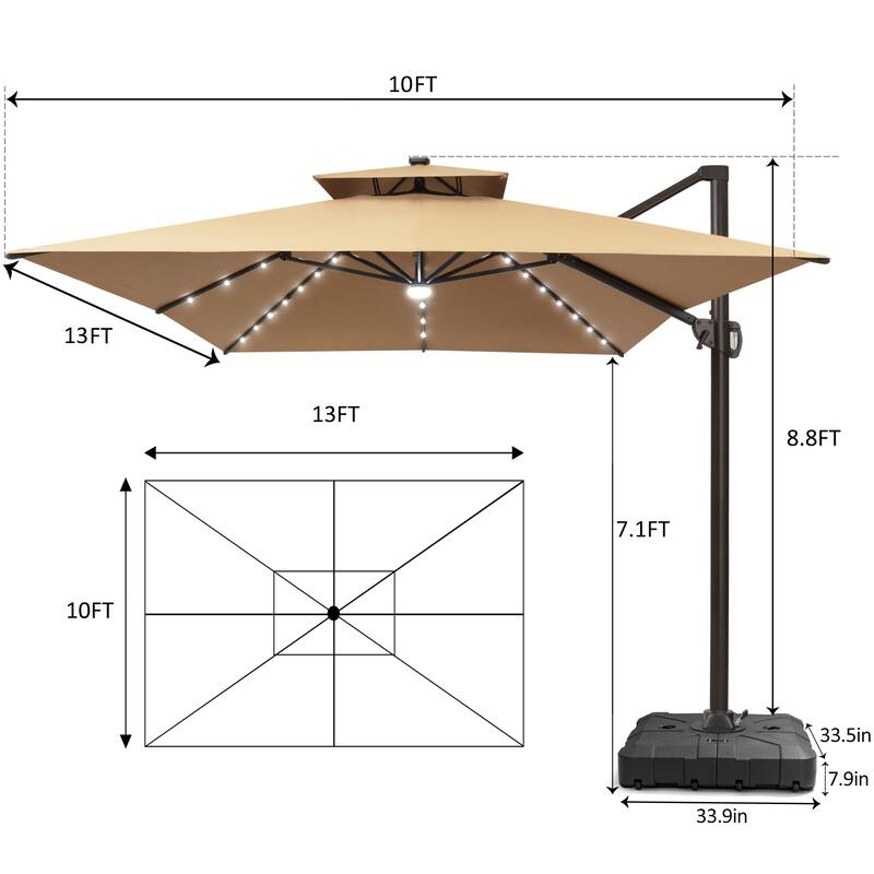 Pellebant 10 x 13FT Outdoor Rectangular Cantilever Patio Umbrella Solar LED Lighted with HDPE Base