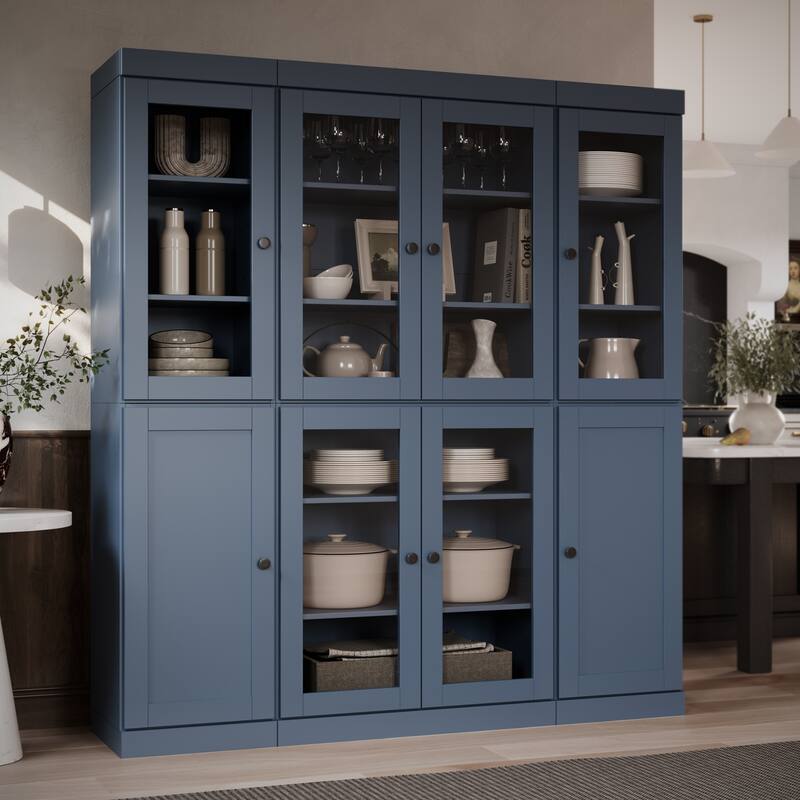 Palace Imports 100% Solid Wood 65" Pantry Cabinet with Clear Glass, Shaker Doors and Adjustable Shelves - Antique Blue