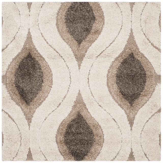 SAFAVIEH Florida Shag Bertille Geometric 1.2-inch Thick Rug - 4' x 4' Square - Cream/Smoke