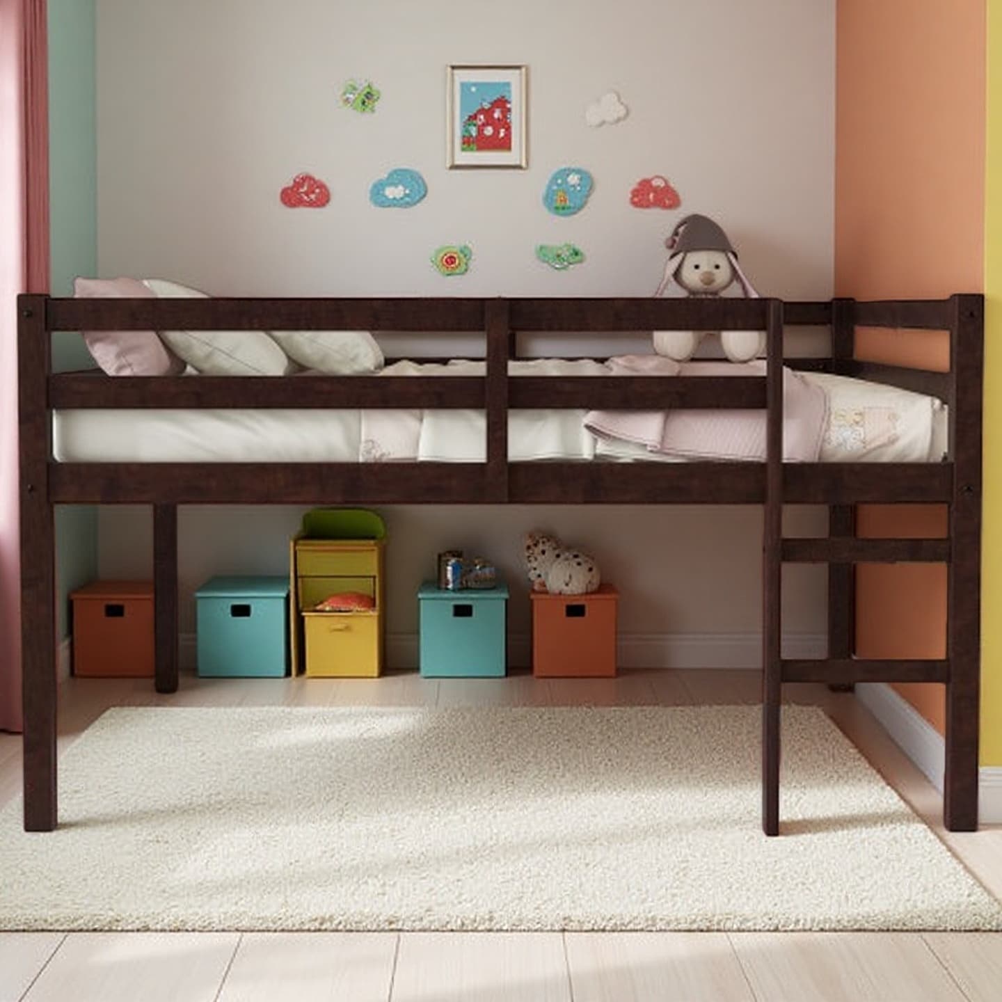 Full Size Rubber Wood Loft Bed with Ladder, Low-Profile Espresso Platform Bed with Spacious Under-Bed Storage