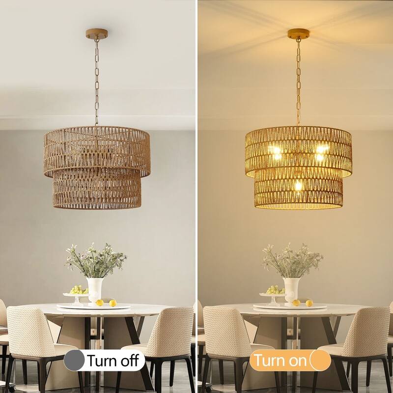 Dimmable 4 - Light Hand - Woven Bohemian Drum Chandelier