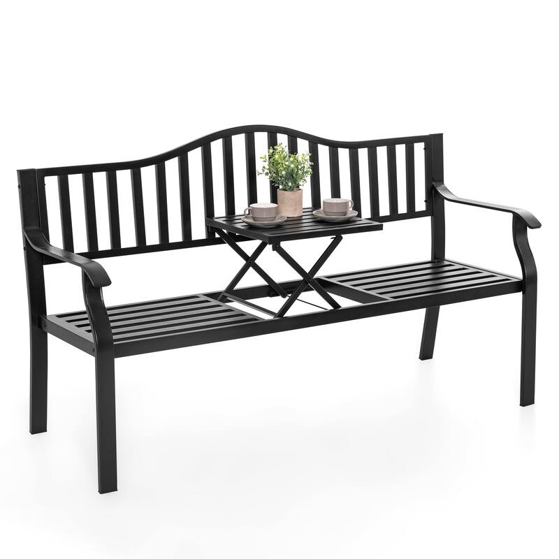 E-Coated Metal Frame Outdoor Bench with Backrest and a Built-In Small Table, Black