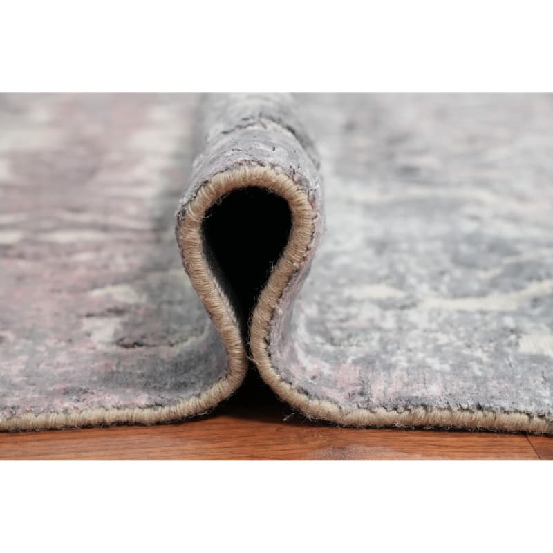 Hand Knotted Oriental Viscose Silk Carpet Modern Floral Greys & Charcoal Abstract Area Rug - 6' 11'' X 5' 6''