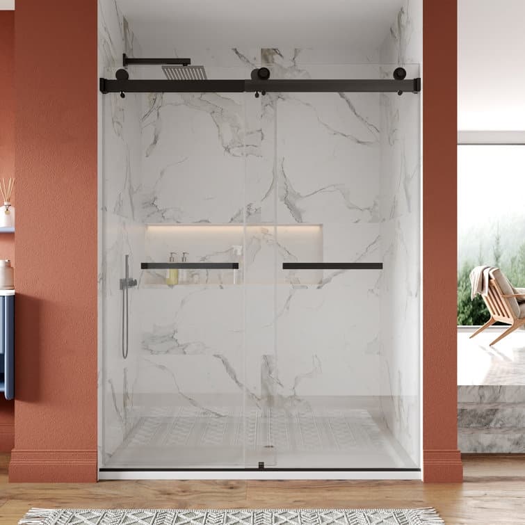 DeerValley 56" - 60" W x 76" H Double Sliding Frameless Shower Enclosure, Stainless Steel Accessories - Black