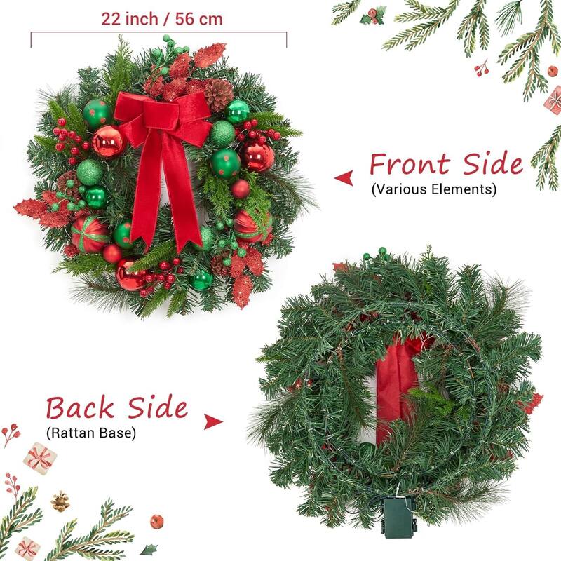 22" Christmas Wreath with Lights for Front Door with Red Green Balls Pine Cones