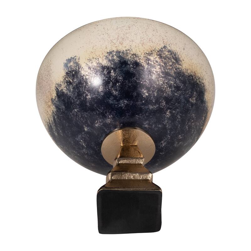 Modern Decorative Round Metal Bowl with Stand - 11", Ivory & Blue - 11.0"