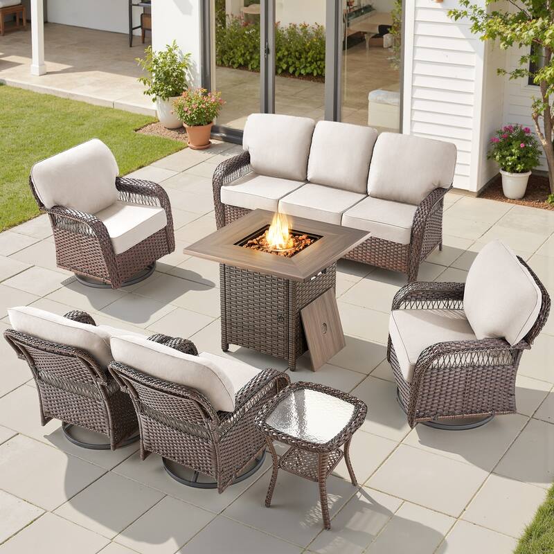Pocassy Outdoor Sofa Ottoman Swivel Chair Table with Fire Table Set. - Brown Wicker Beige Cushion - 7-Piece Sofa Swivel Chair Table w/ Fie Pit Table