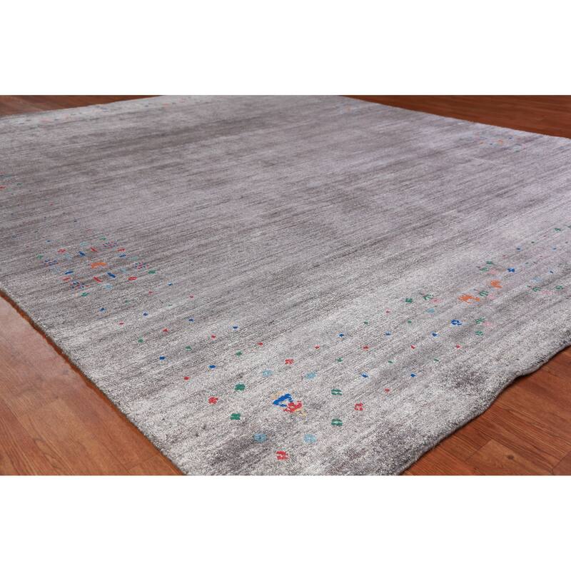 Hand Knotted Oriental Viscose Silk Carpet Tribal Stripe Greys & Charcoal Gabbeh Area Rug - 9' 9'' X 8' 0''