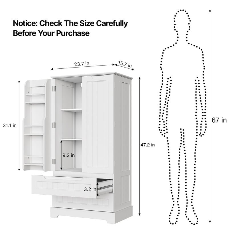 Kitchen Tall Storage Pantry Cabinet, Freestanding Bathroom Storage Cabinet with Double Doors and Shelves