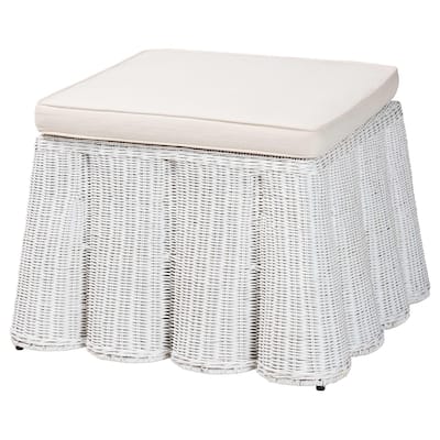 Palm Scallop Natural Rattan Ottoman with Cushion – Handwoven Wicker Accent Bench or Footrest for Living Room or Sunroom, Square
