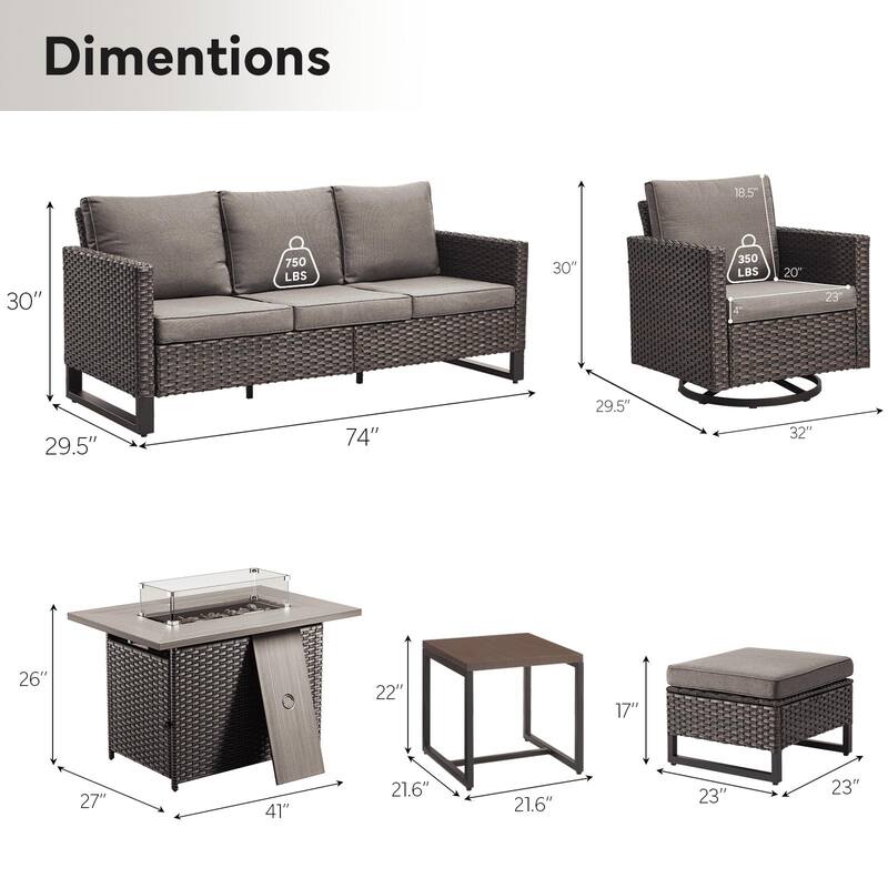 Outdoor Sofa Chairs Ottomans and Fire Table Brown-Grey - Brown