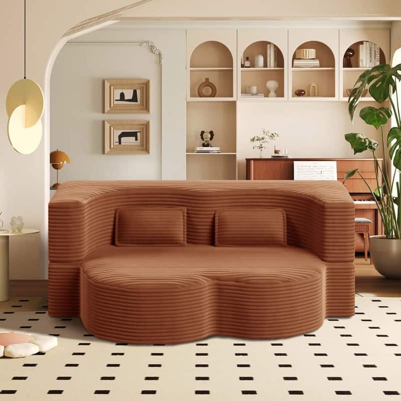 Modern 78" Full Size Convertible Corduroy Foam-Filled Sleeper Sofa,Modern Floor Sofa with 2 Pillows - Camel
