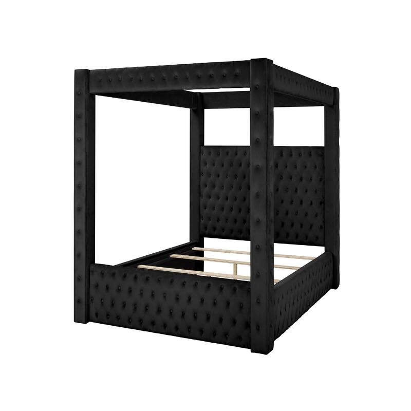 Beli King Size Canopy Bed, Tufted Design, Black Velvet Upholstery