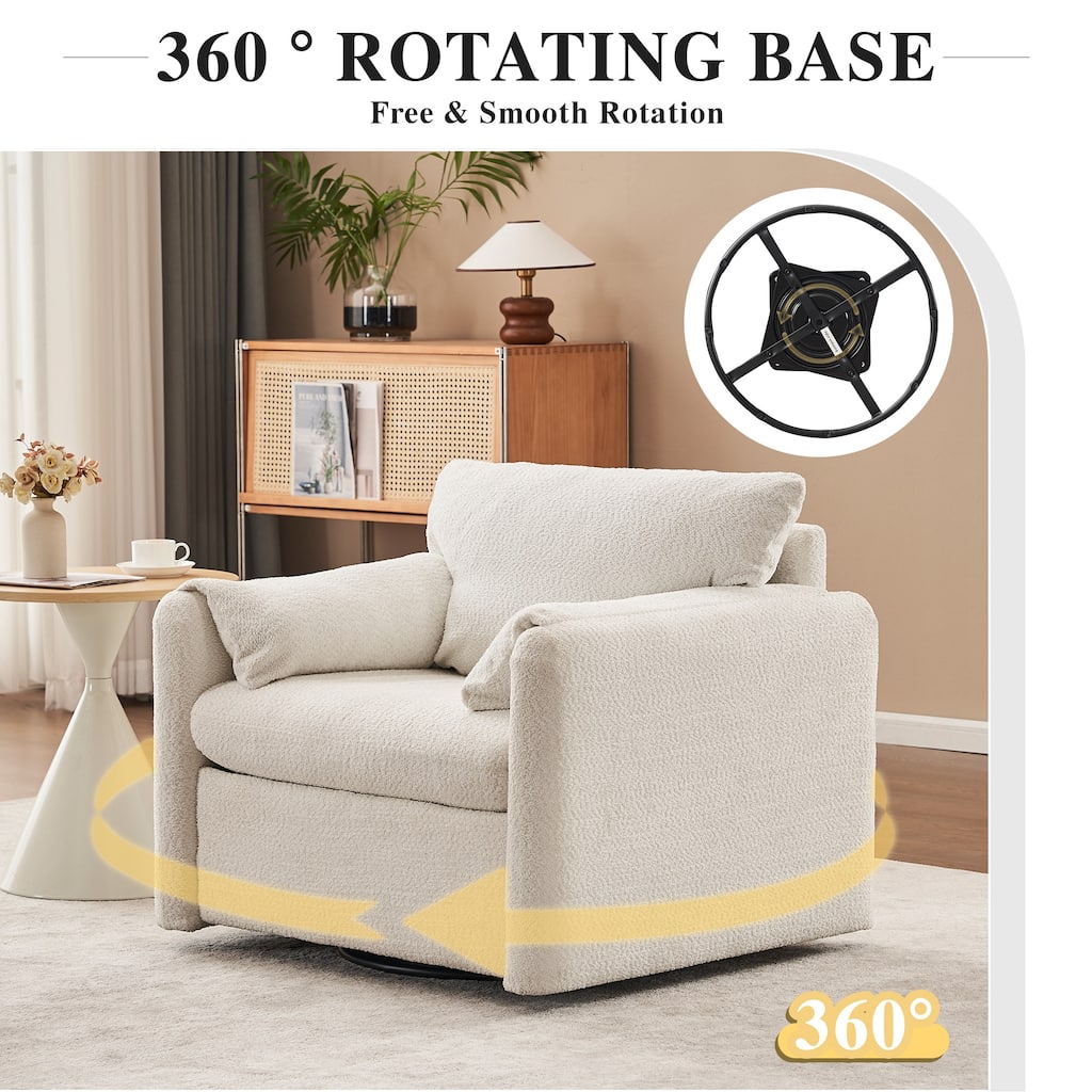 Swivel Single Sofa Chair, Chenille Upholstered Lounge Armchair, Reading Sofa Chair with High-Resilience Cushion & Side Pocket