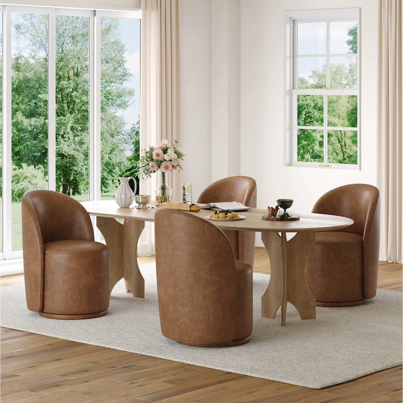 Upholstered Swivel Dining Chair Armless Barrel Chair - SET OF 4 - BROWN LEATHER