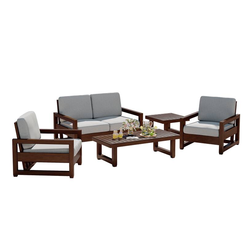 5-Piece Patio Wood Conversation Set with Loveseat, Chairs and Tables