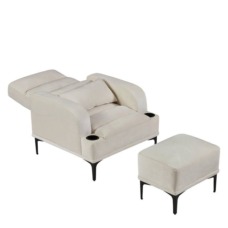 Accent Chairs with Ottoman, Velvet Fabric Armchair with Ottoman for Bedroom Living Room, Adjustable Backrest and Side Pockets
