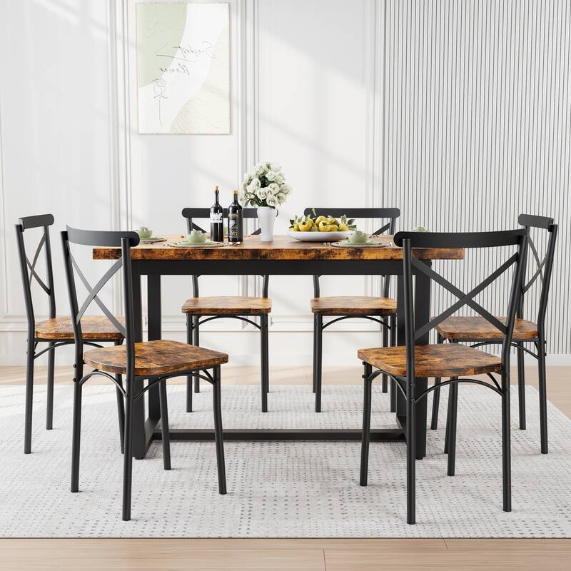 Retro Industrial Style Dining Table Set with X-Shaped Frame Backrests, for Living Room and Kitchen, 7-Piece Set.