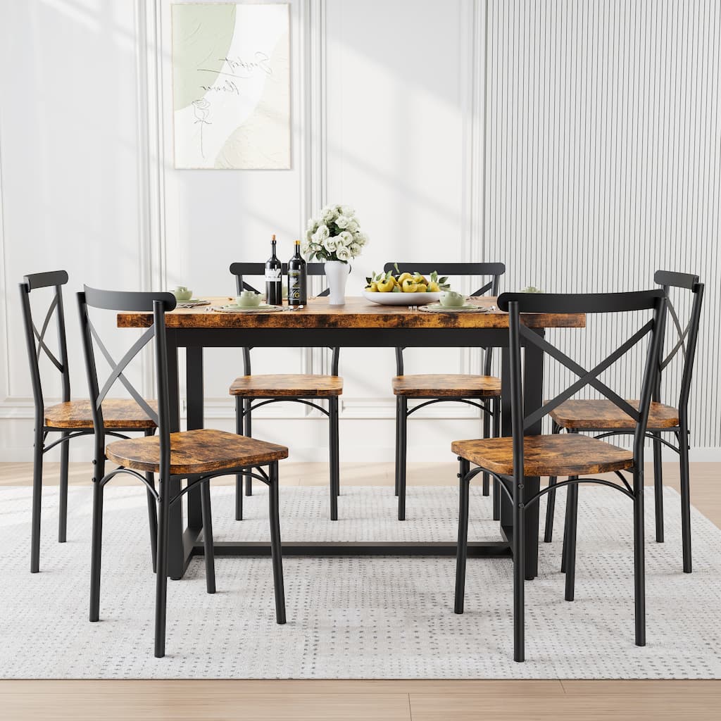Trestle Dining Table and Chairs Set, Side Chairs with Cross Backrests, Industrial Writing Desk Computer Desk