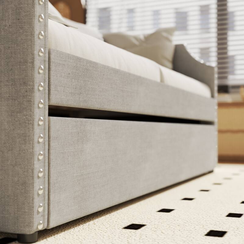 Twin Daybed with Trundle Day Bed with Button Headboard & Armrests