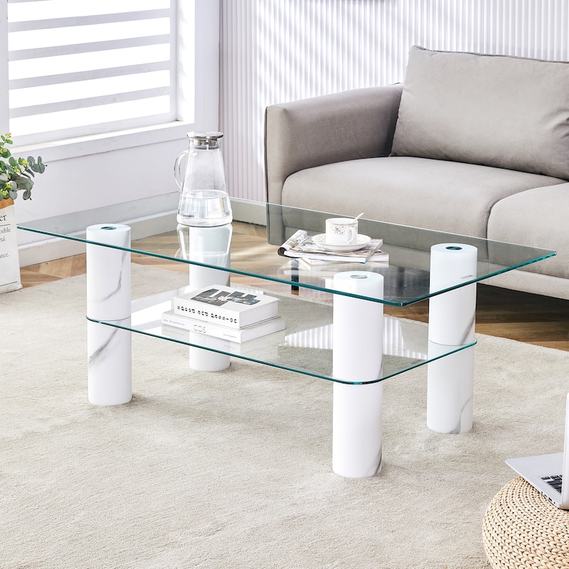 Modern Double-layer Transparent Tempered Glass Coffee Table - White