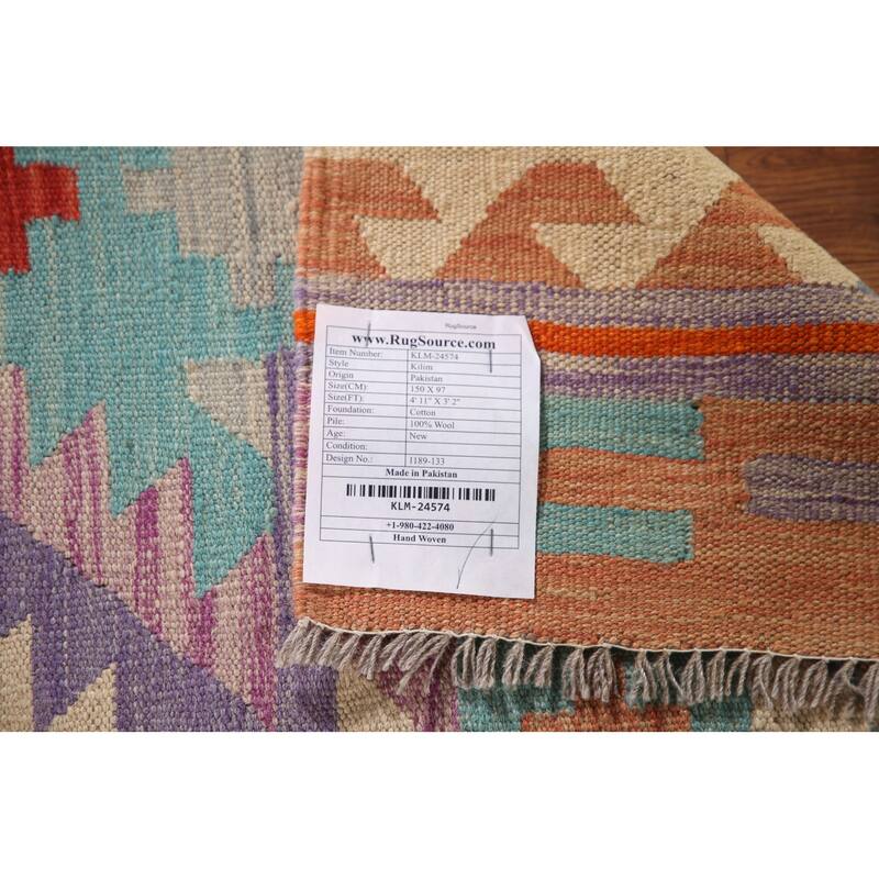Multi-Color Reversible Kilim Area Rug Flatweave Wool Carpet - 3'2"x 4'11"