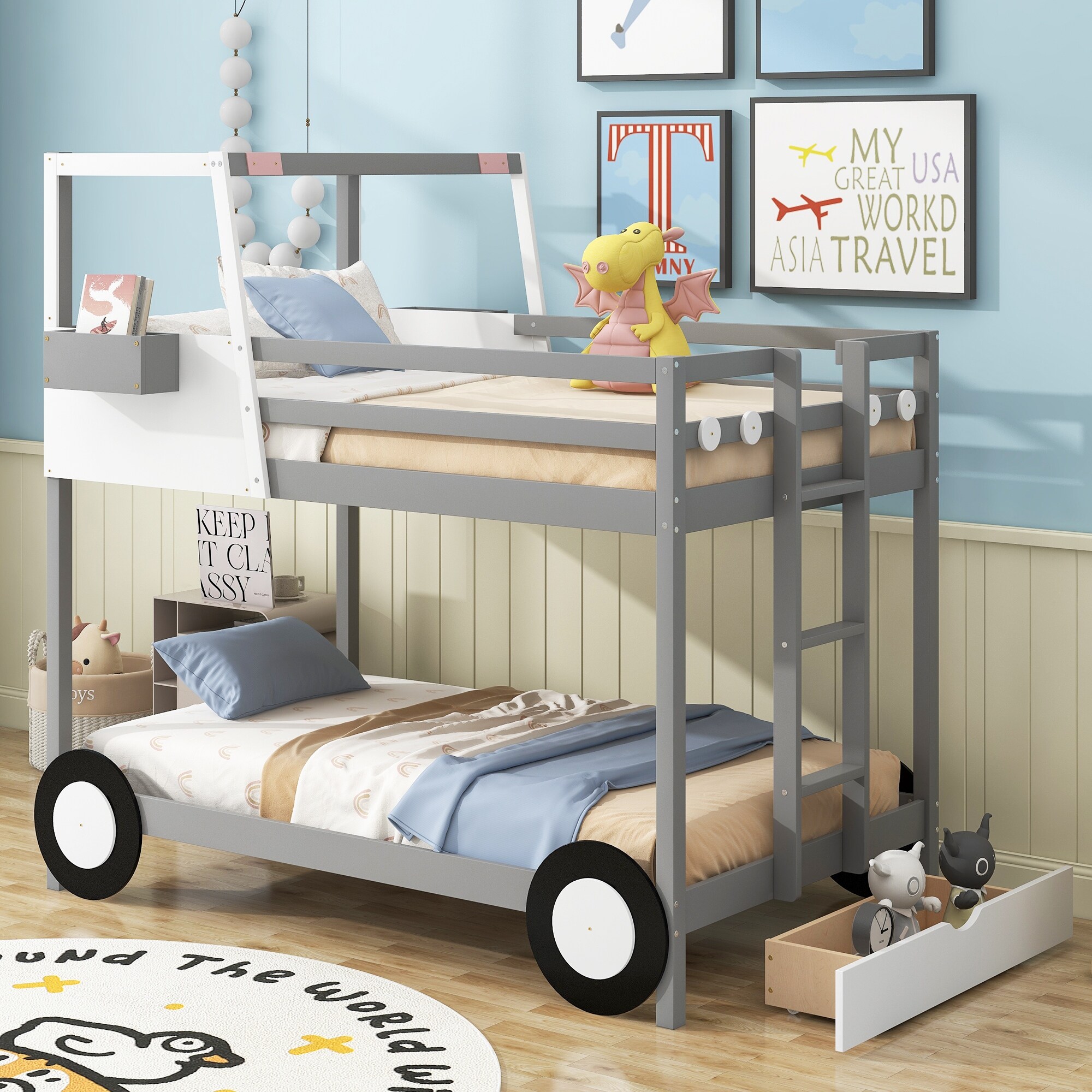 Twin Over Twin Car-Shaped Bunk Bed with Wheels, Solid Pine Wood