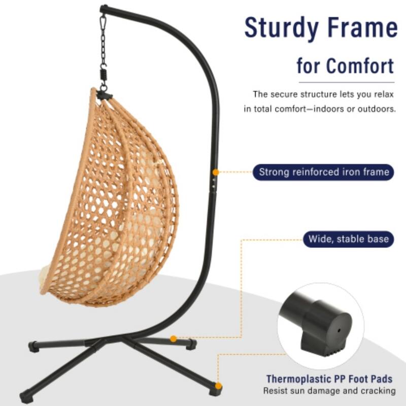 Hammock Chair with Stand - Durable Rattan Egg Chair, Indoor/Outdoor Swing with Removable Cushion for Balcony, Garden