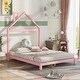 preview thumbnail 1 of 7, Full Size Pink Wood Platform Bed w/ House-shaped Headboard Upholstered Bed Pink