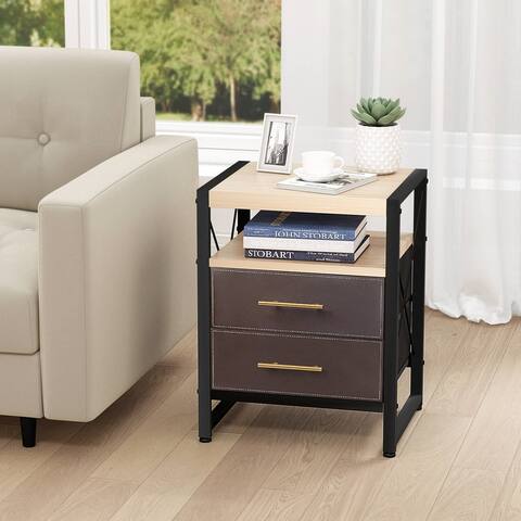 Black Fabric Nightstand with 2 Leather Drawers and Open Shel