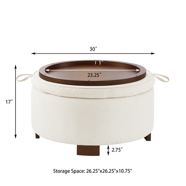 dimension image slide 4 of 10, 30" Round Boucle Storage Ottoman with Reversible Tray Lid & Wood Legs