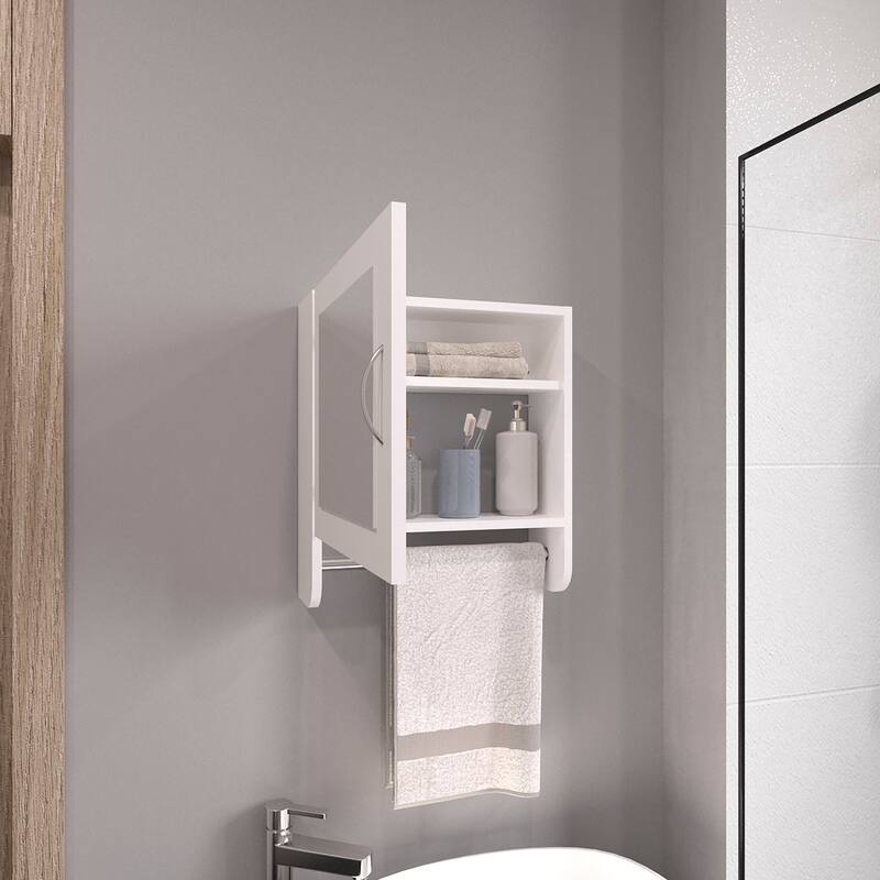 White Mirror Medicine Cabinet with Towel Rack, Two Shelves for Bathroom and Kitchen Storage