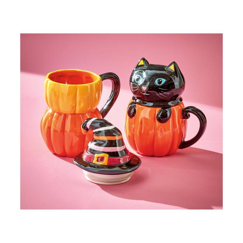 Hello Pumpkin Cute Kitty Lidded Mug - 15oz Ceramic Drinkware for Halloween - Multicolor, Hand Wash Only