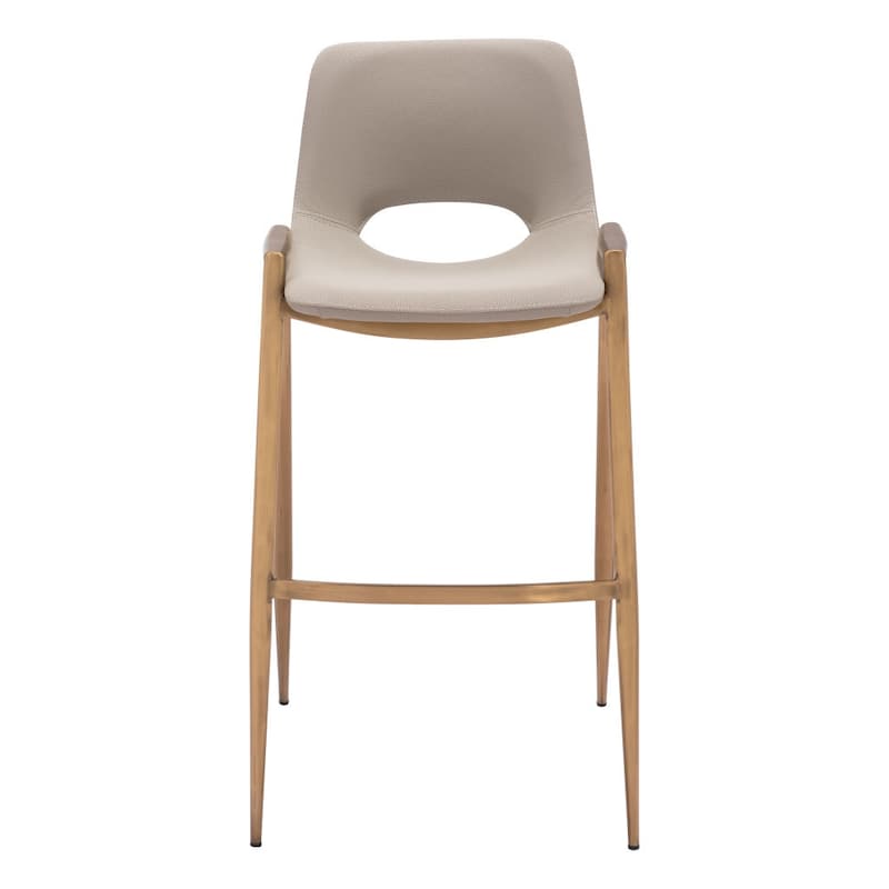 Set of Two 30" Beige And Gold Faux Leather And Steel Low Back Bar Height Bar Chairs