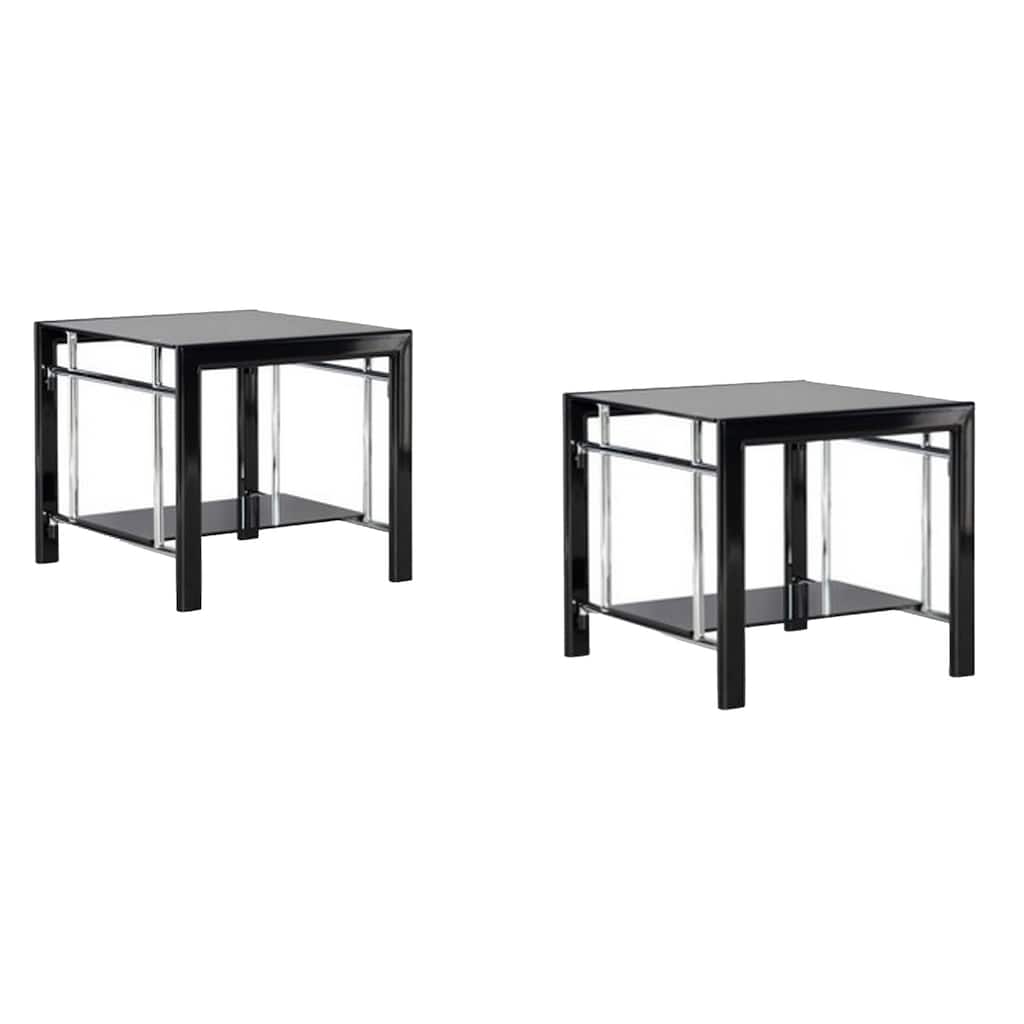 22 Inch Glass Top Metal End Table, Set of 2, Black and Silver