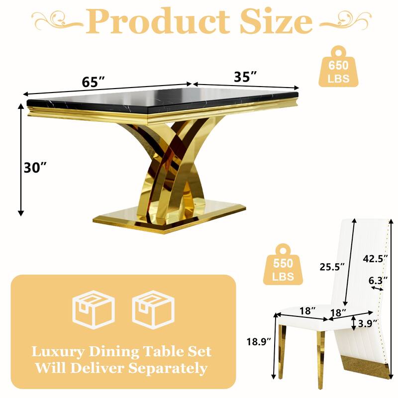 Stylish Modern X Cross Base Dining Room Table Set with Gold Dining Chairs