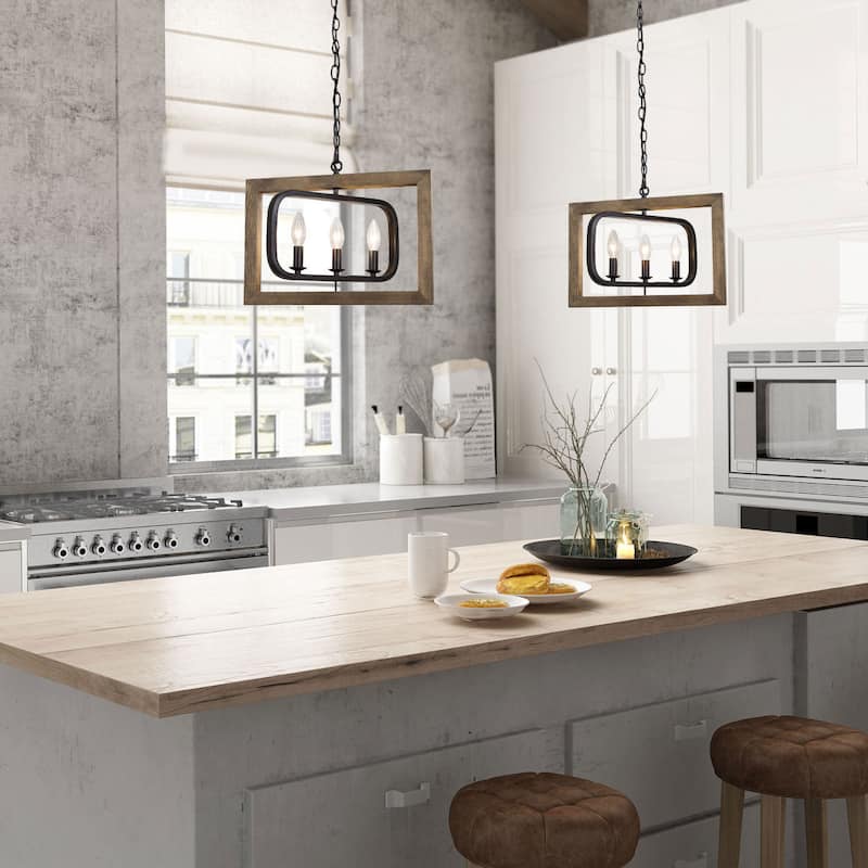 Farmhouse 3-Light Wood Kitchen Island Pendant Lights Adjustable Frame - L17"xW13.5"xH14.5"