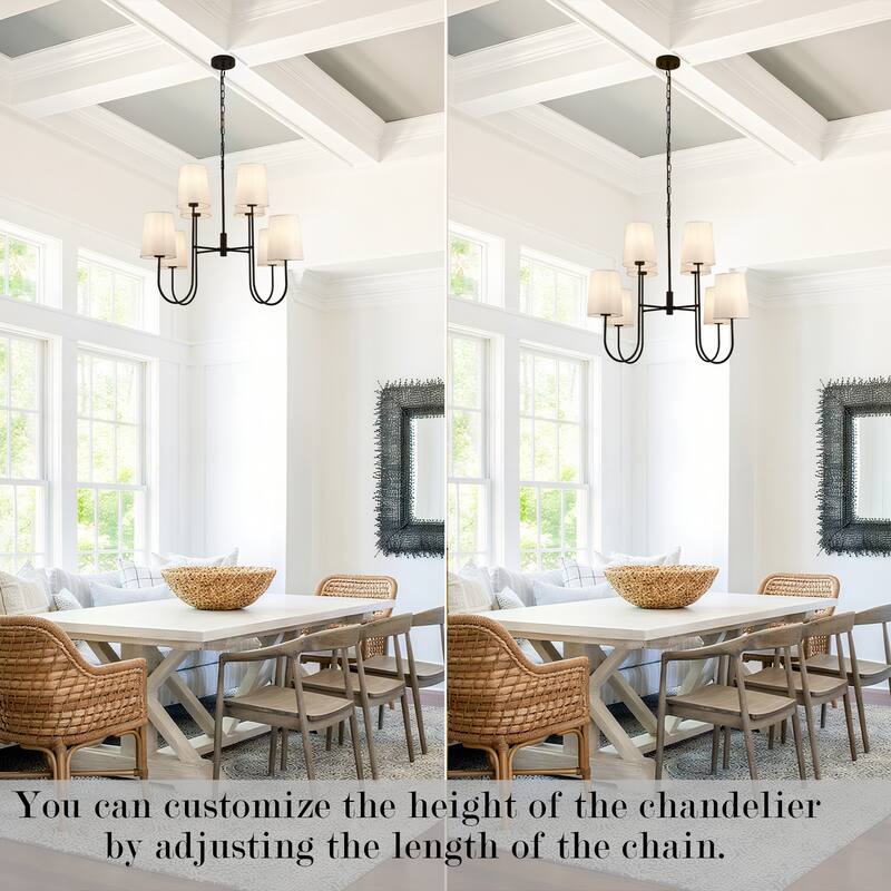 Modern 8 Light Chandelier with White Fabric Shades, Black Metal Frame, Mid Century Contemporary Ceiling Light - Matte Black