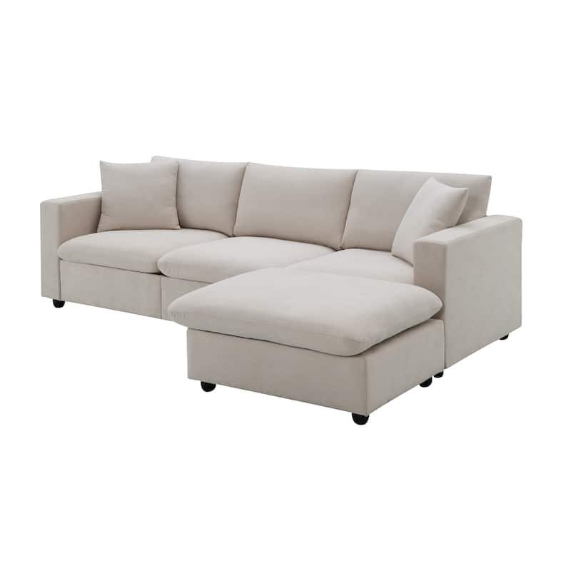 Beige 100.4'' Polyester L-Shaped 4-Seat Sectional Sofa Couch with Convertible Ottoman and 2 Pillows, Contemporary Design