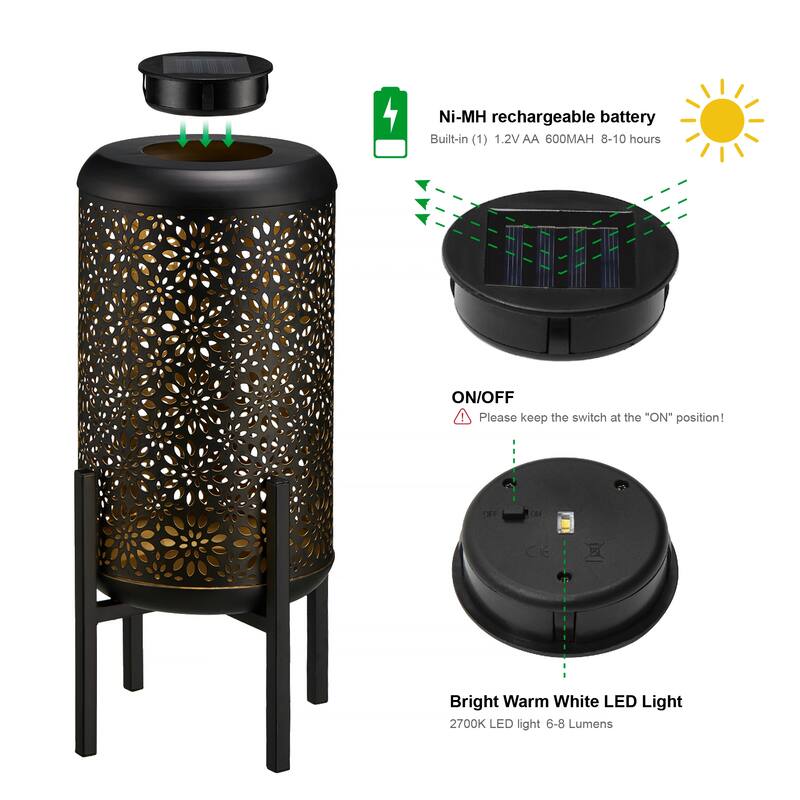 Glitzhome 14"H Outdoor Metal Cutout Flower/Leaves Solar Light Standing Lanterns Waterproof