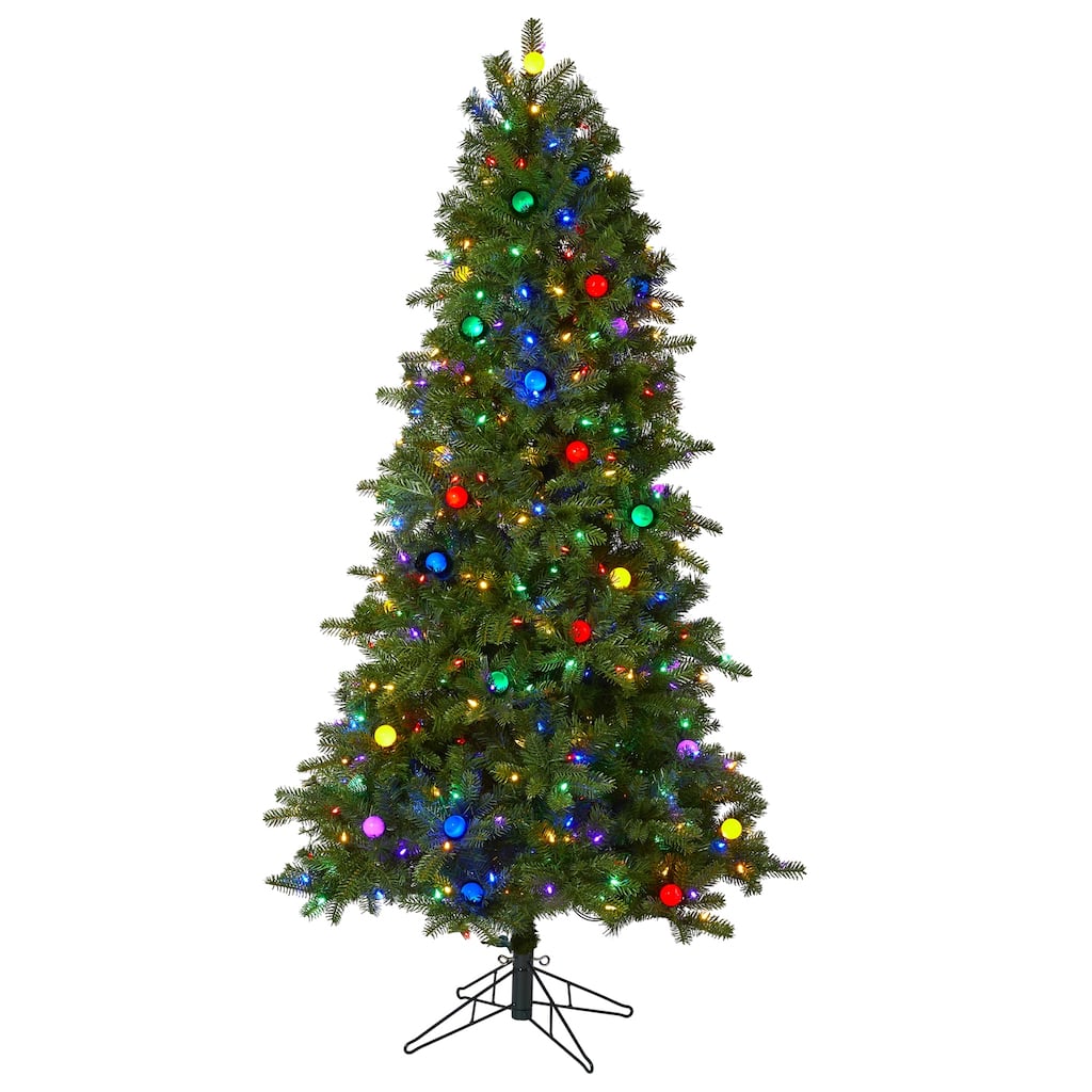 6.5ft. Fir Artificial Christmas Tree with 450 Multi-Color LED Lights, 45 Globe Bulbs & 1042 Branches - Holiday X-Mas Tree