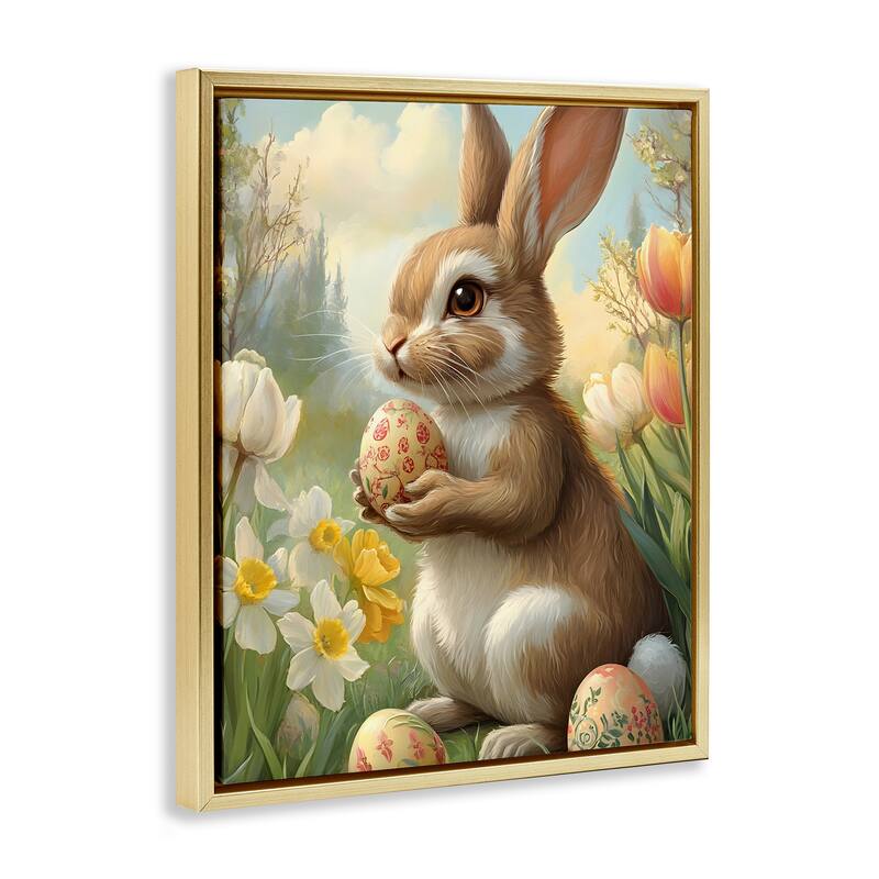 Stupell Easter Bunny with Painted Eggs Framed Floater Canvas Wall Art Design By Franklyn Gregory