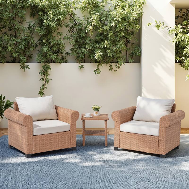 Outdoor Wicker Patio Conversation Set with 2 Armchairs & Side Table