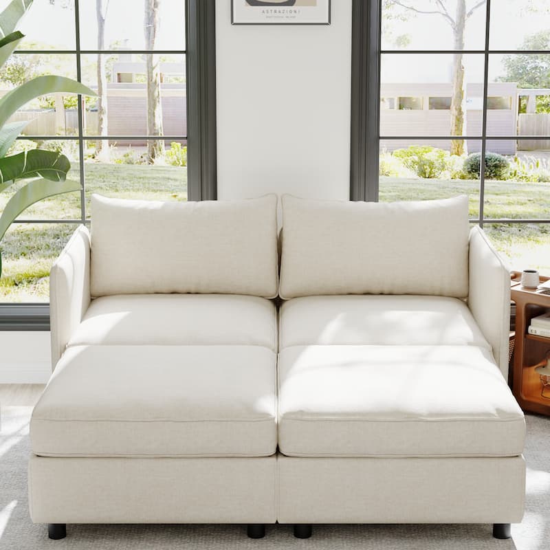 Chenille Loveseat Sofa wCushions & 2 Movable Storage Ottoman Upholstered Deep Seat, Sofa Love Seat for Apartment - Beige