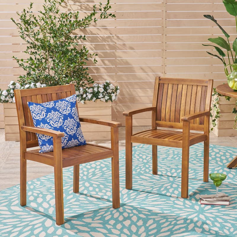 Roomfitters Wilson Set of 2 Outdoor Dining Chairs, Rustic Solid Acacia Wood with Slat Paneling, Teak - Teak