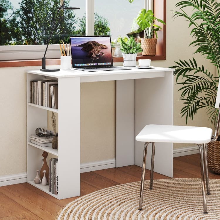 Modern White Computer Desk with Side Bookshelf 35.5'' Space Saving Engineered Wood Workstation for Home Office